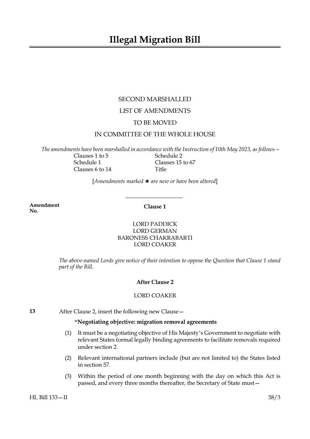 Illegal Migration Bill Second Marshalled List of Amendments to be moved in Committee of the Whole House