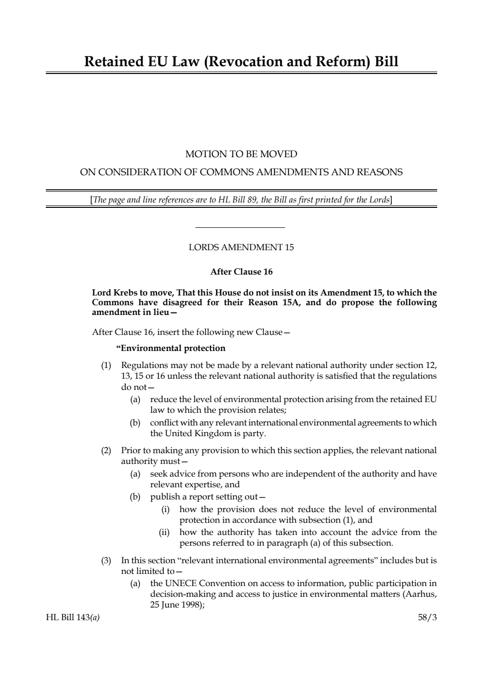 Retained EU Law (Revocation and Reform) Bill Motion to be moved on Consideration of Commons Amendments and Reasons