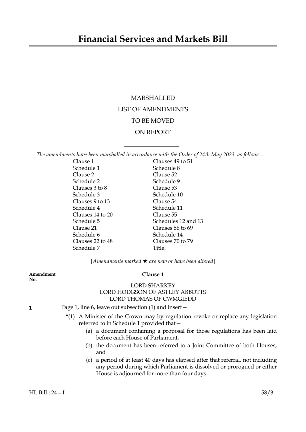 Financial Services and Markets Bill Marshalled List of Amendments to be moved on report