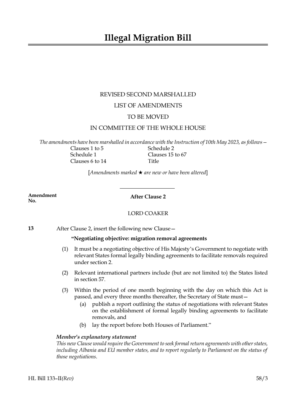 Illegal Migration Bill Revised Second Marshalled List of Amendments to be moved in Committee of the Whole House