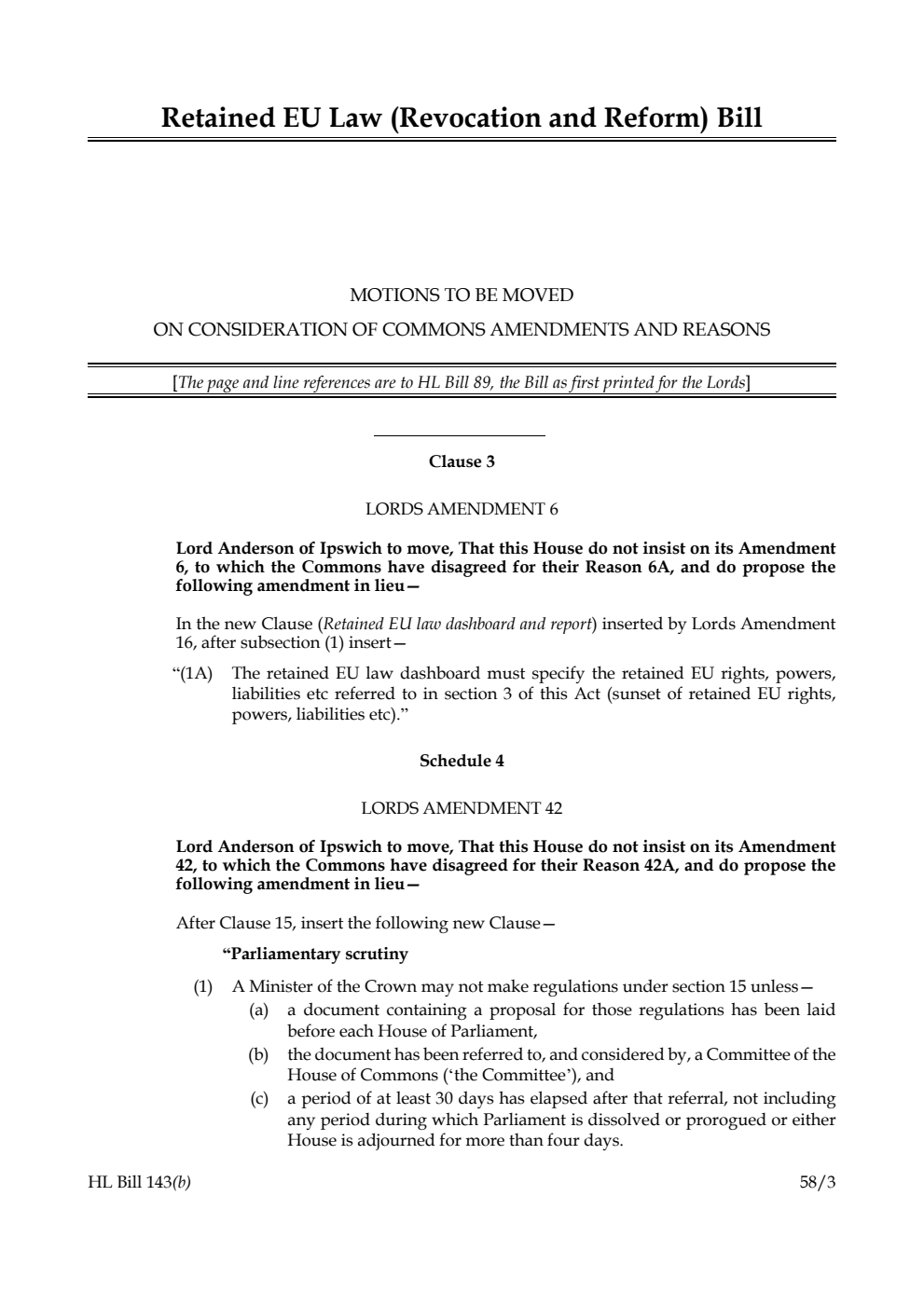 Retained EU Law (Revocation and Reform) Bill Motions to be moved on Consideration of Commons Amendments and Reasons