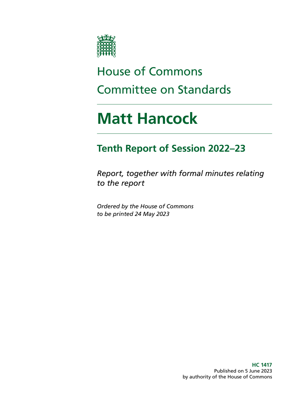 Standards Committee 10th Report. Matt Hancock Volume 1. Report