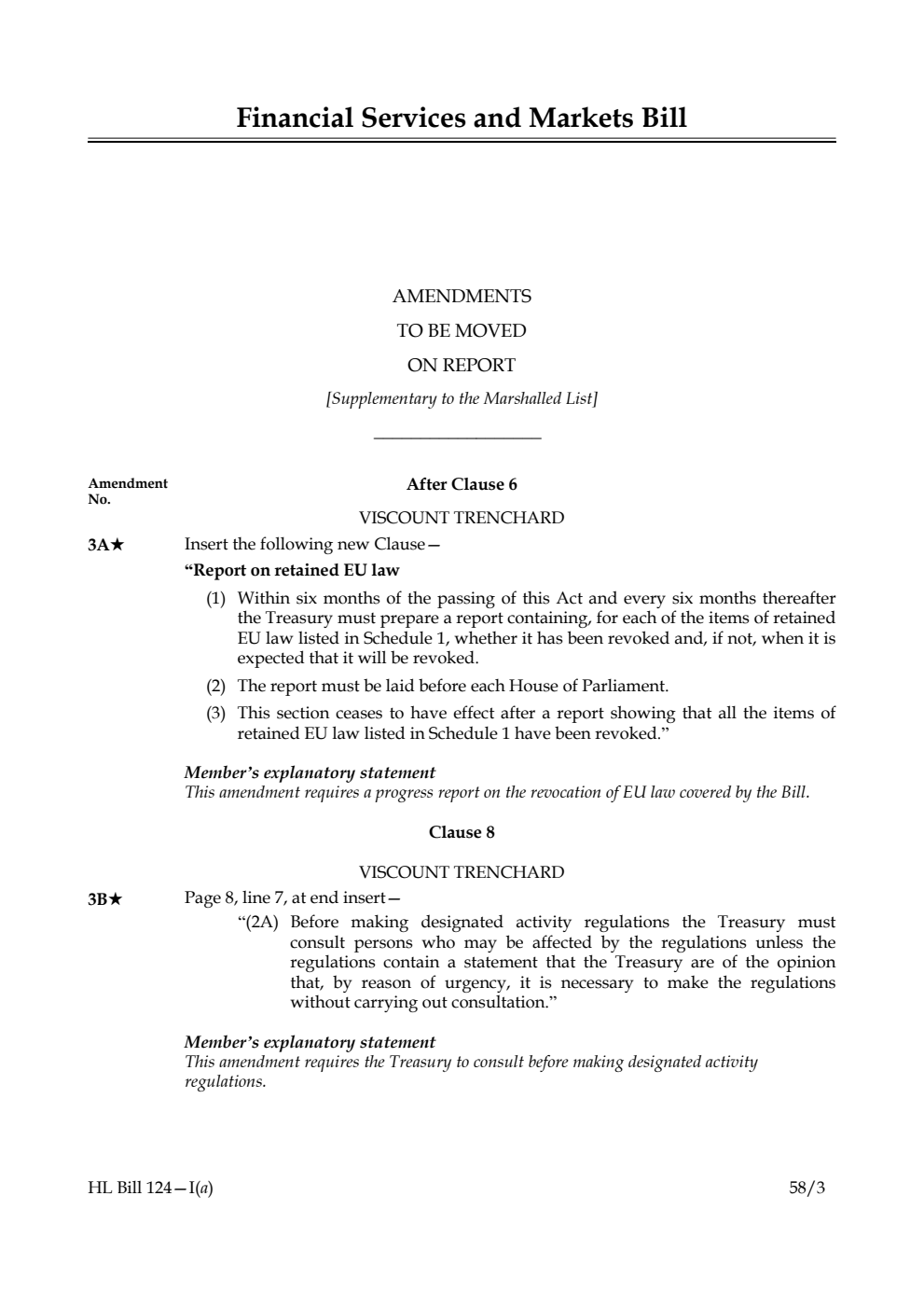 Financial Services and Markets Bill Amendments to be moved on Report [Supplementary to the Marshalled List]