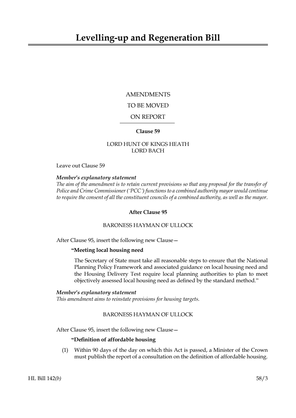 Levelling-up and Regeneration Bill Amendments to be moved on Report