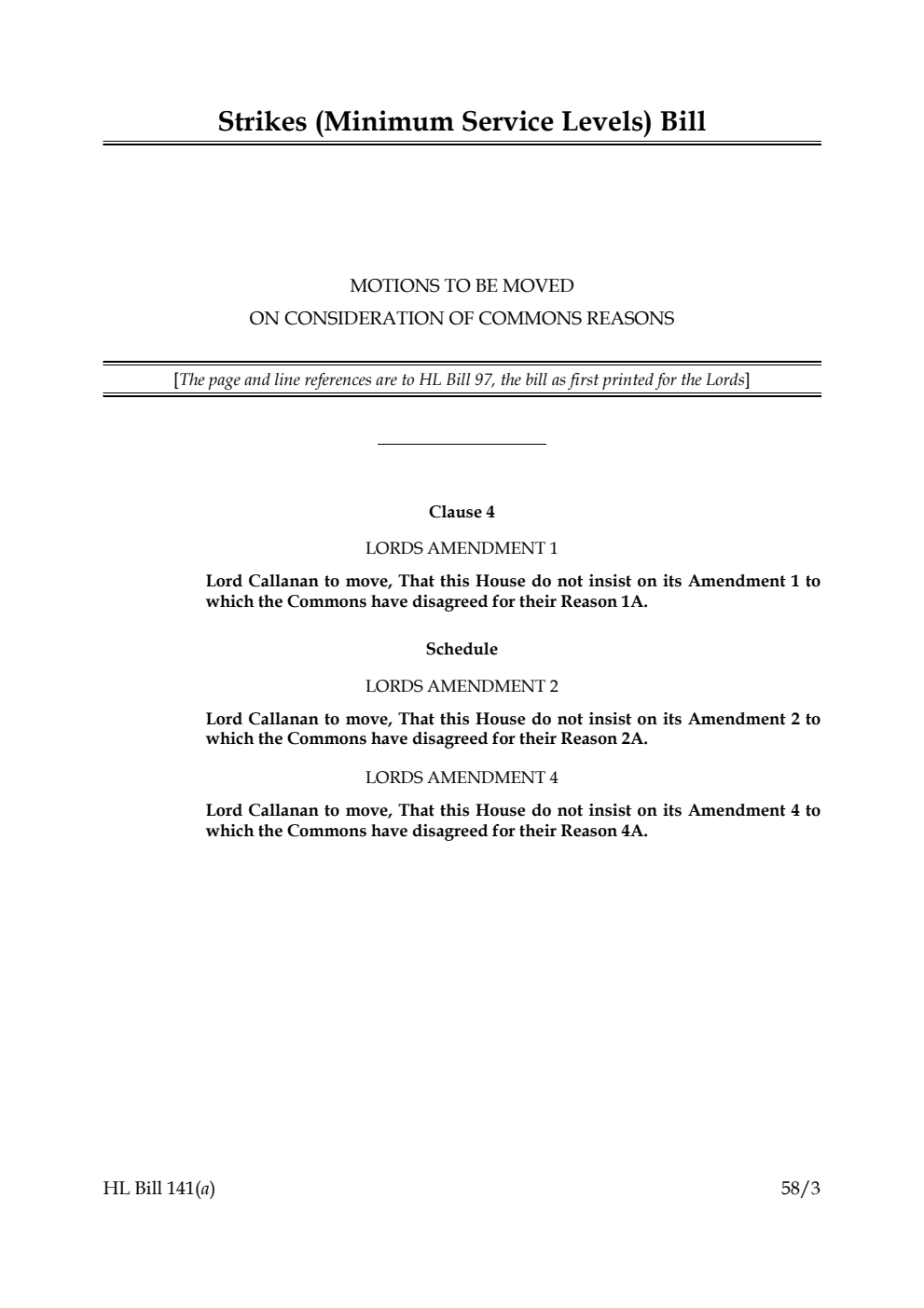 Strikes (Minimum Service Levels) Bill Motions to be moved on Consideration of Commons reasons