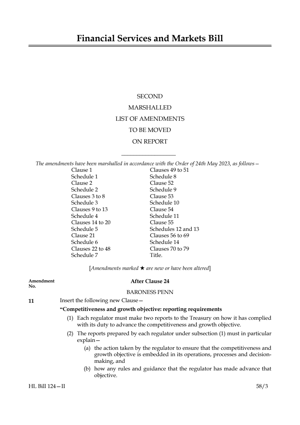 Financial Services and Markets Bill Second Marshalled List of Amendments to be moved on report