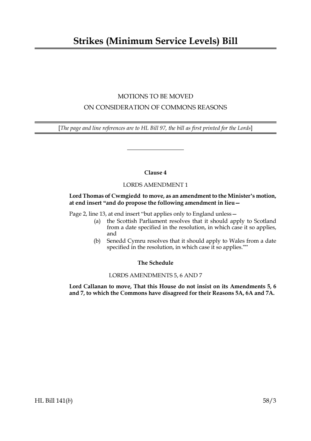 Strikes (Minimum Service Levels) Bill Motions to be moved on Consideration of Commons reasons
