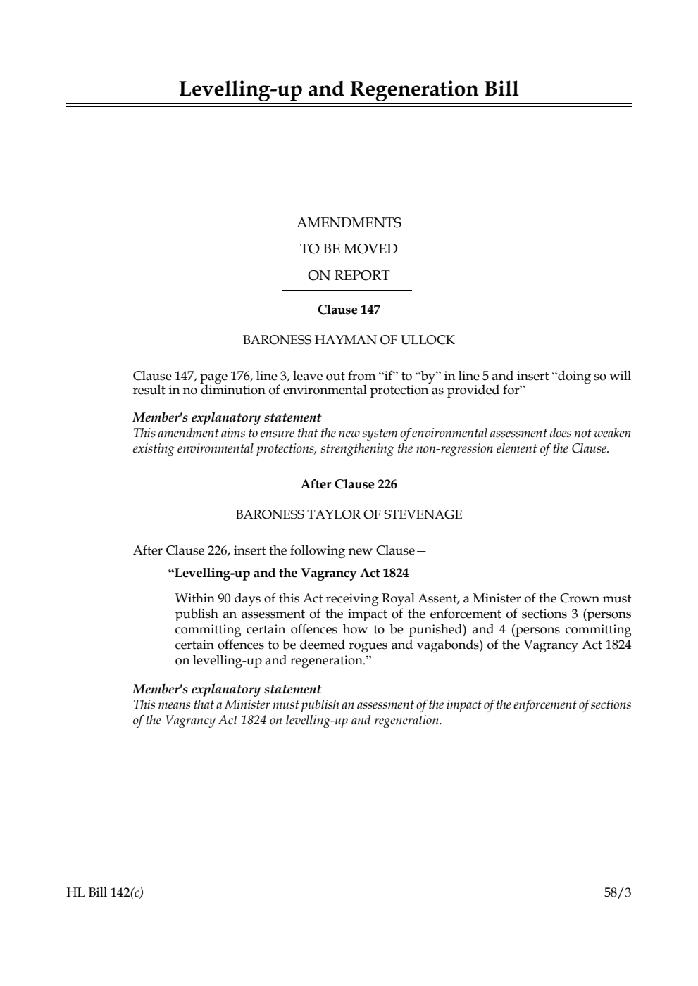 Levelling-up and Regeneration Bill Amendments to be moved on Report