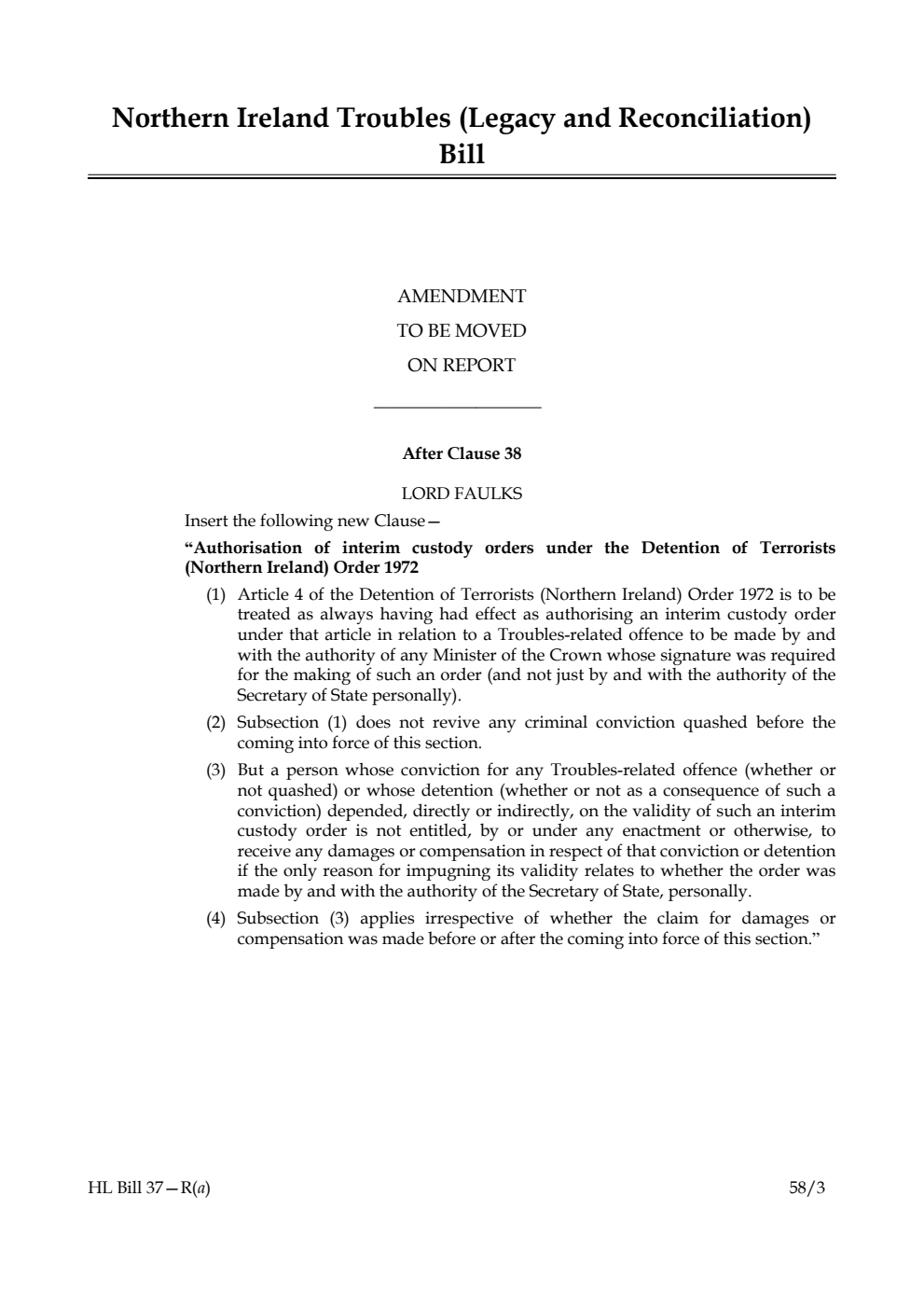 Northern Ireland Troubles (Legacy and Reconciliation) Bill Amendment to be moved on Report