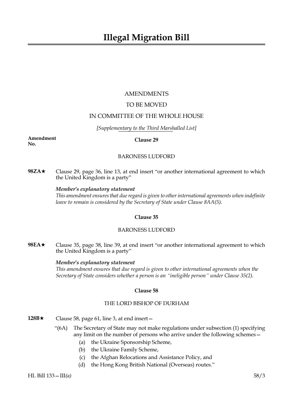 Illegal Migration Bill Amendments to be moved in Committee of the Whole House [Supplementary to the Third Marshalled List]