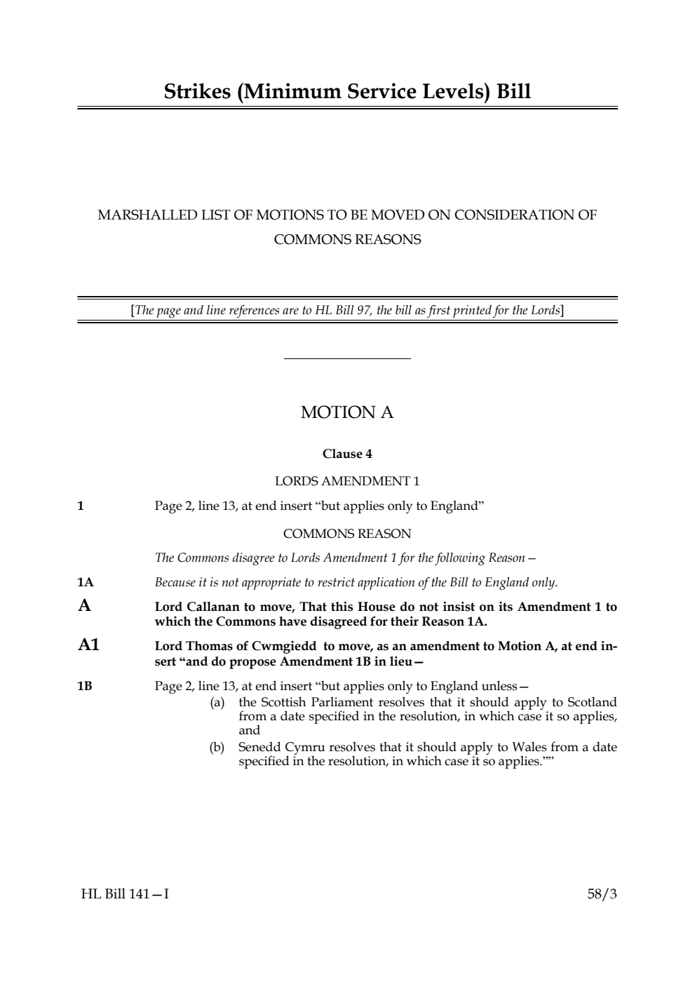 Strikes (Minimum Service Levels) Bill Marshalled List of Motions to be moved on Consideration of Commons reasons