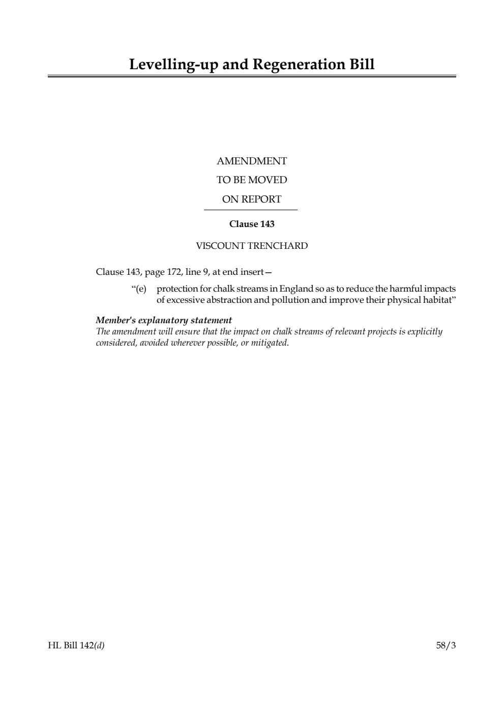 Levelling-up and Regeneration Bill Amendment to be moved on Report