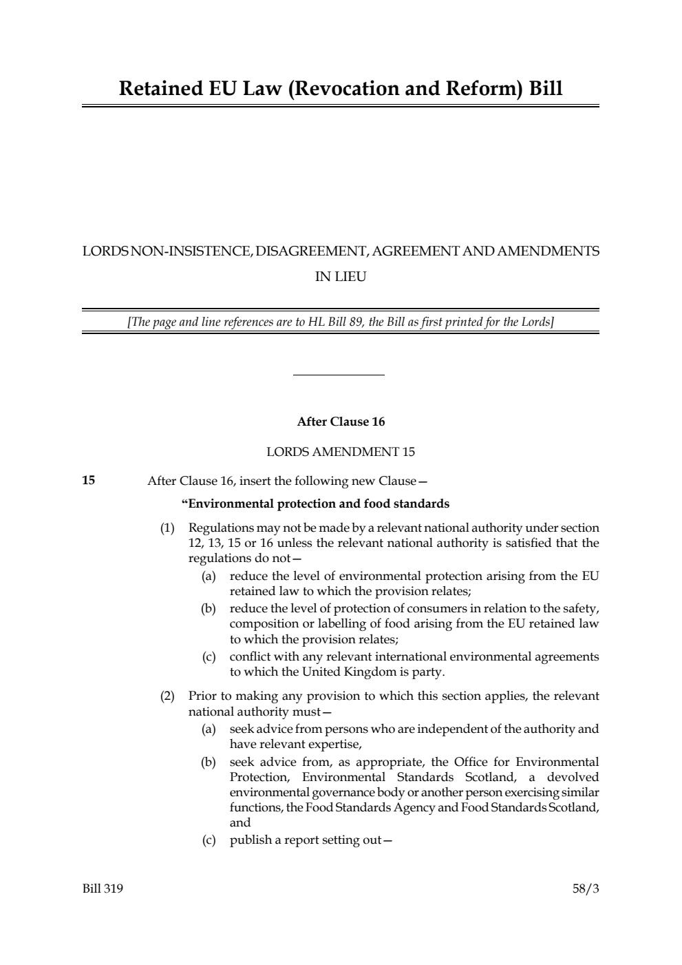 Retained EU Law (Revocation and Reform) Bill Lords non-insistence, disagreement, agreement and amendments in lieu