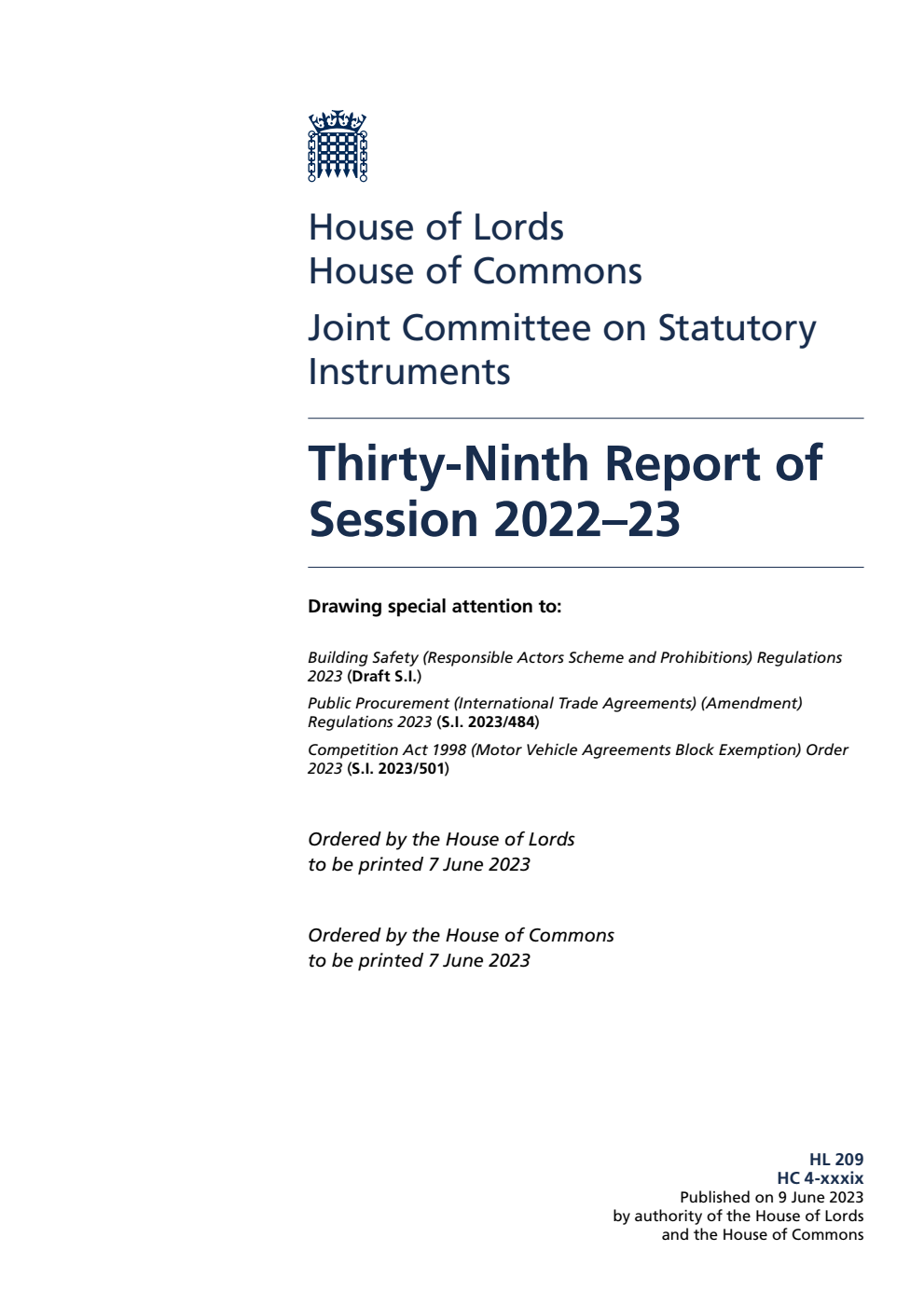 Joint Committee on Statutory Instruments 39th Report of Session 2022-23