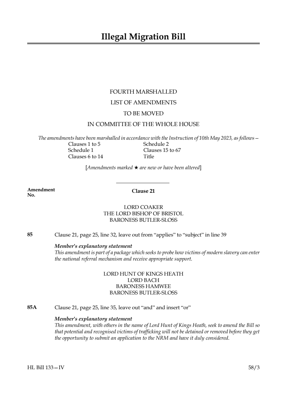 Illegal Migration Bill Fourth Marshalled List of Amendments to be moved in Committee of the Whole House