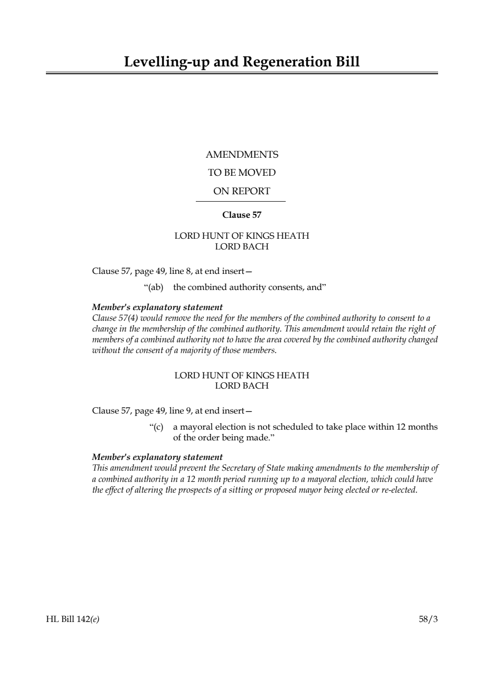 Levelling-up and Regeneration Bill Amendments to be moved on Report