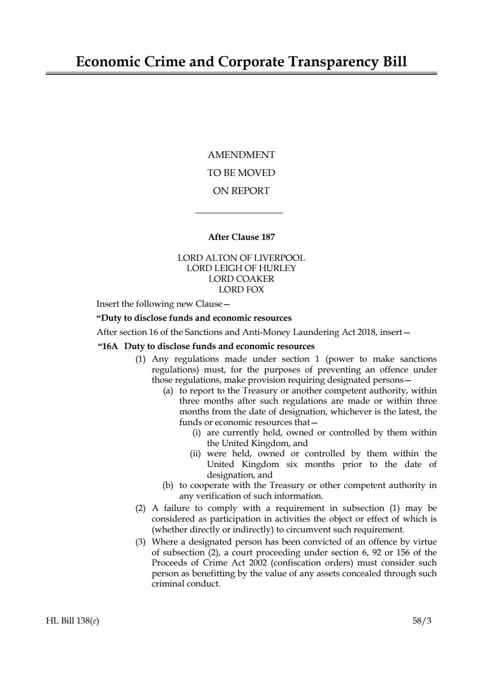 Economic Crime and Corporate Transparency Bill Amendment to be moved on Report