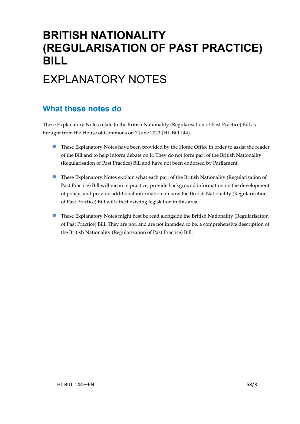 British Nationality (Regularisation of Past Practice) Bill Explanatory Notes