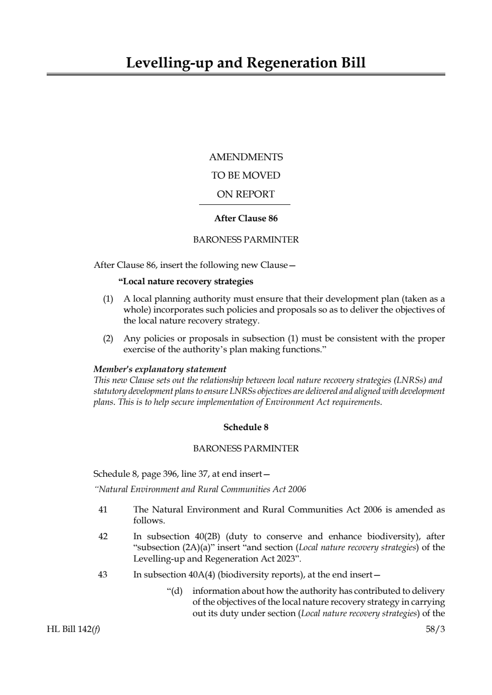 Levelling-up and Regeneration Bill Amendments to be moved on Report