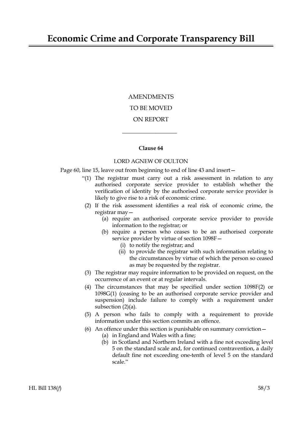 Economic Crime and Corporate Transparency Bill Amendments to be moved on Report