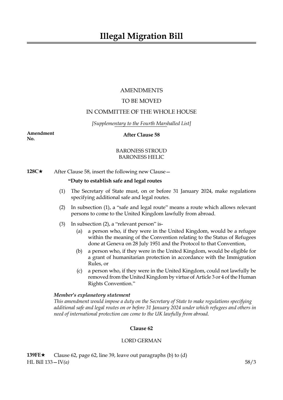 Illegal Migration Bill Amendments to be moved in Committee of the Whole House [Supplementary to the Fourth Marshalled List]