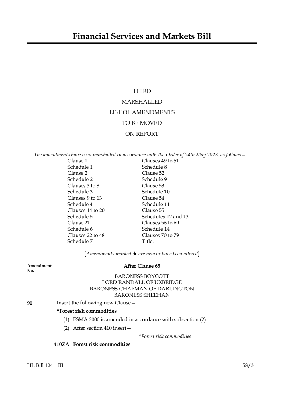 Financial Services and Markets Bill Third Marshalled List of Amendments to be moved on report