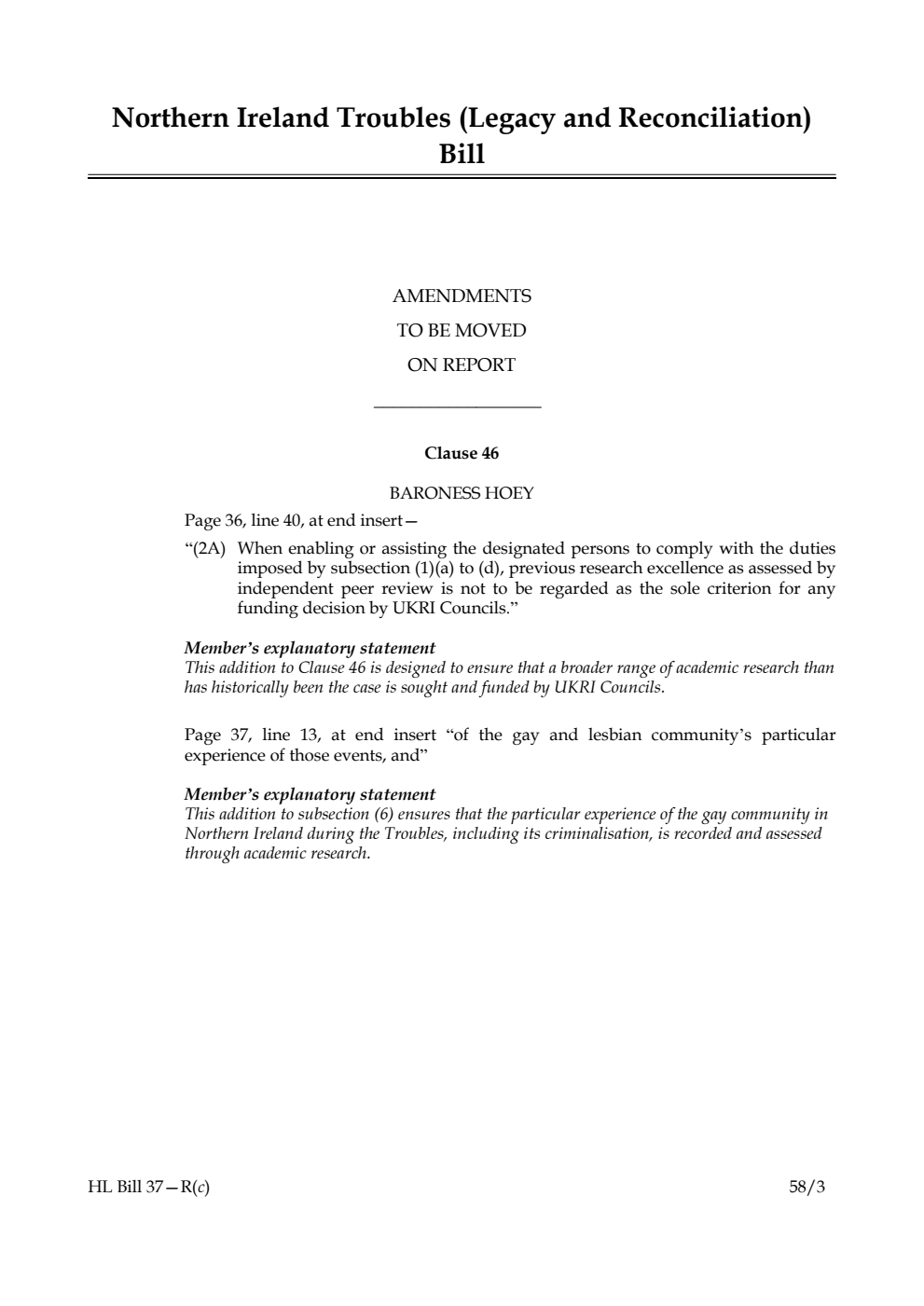 Northern Ireland Troubles (Legacy and Reconciliation) Bill Amendments to be moved on Report