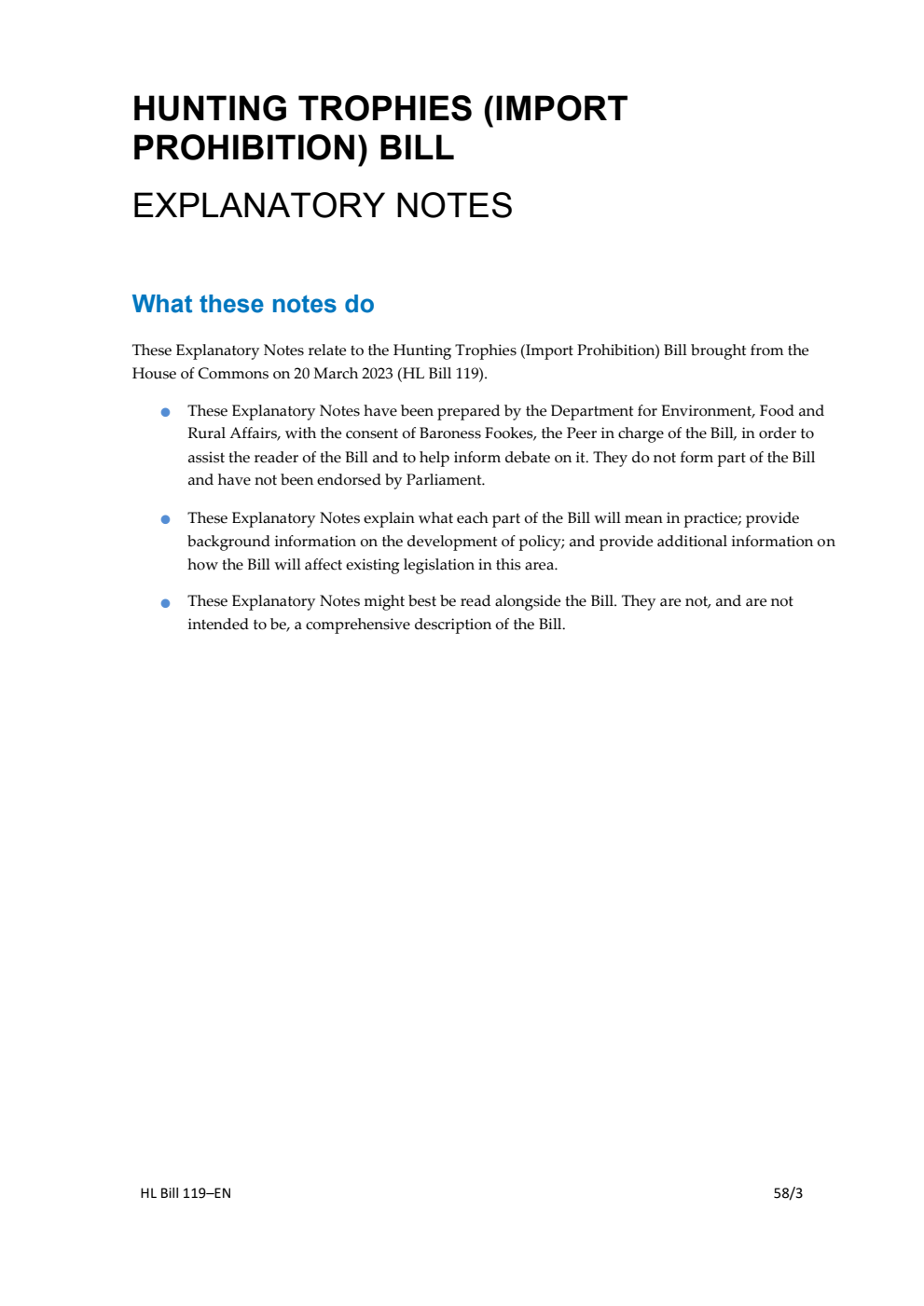 Hunting Trophies (Import Prohibition) Bill Explanatory Notes
