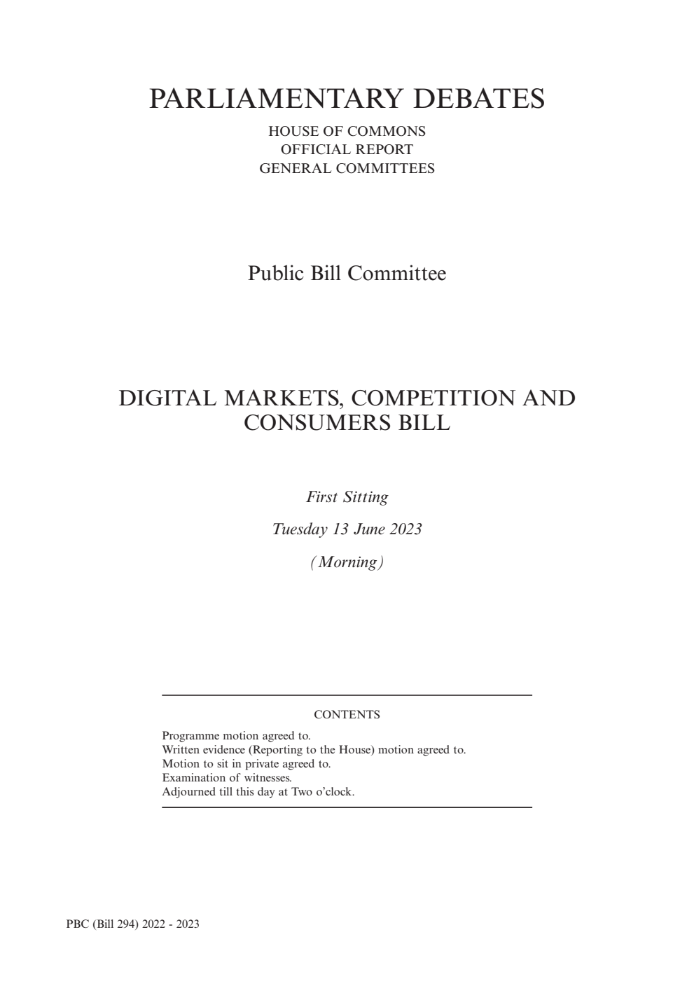 Digital Markets, Competition and Consumers Public Bill Committee 1st Sitting 13 June 2023 AM