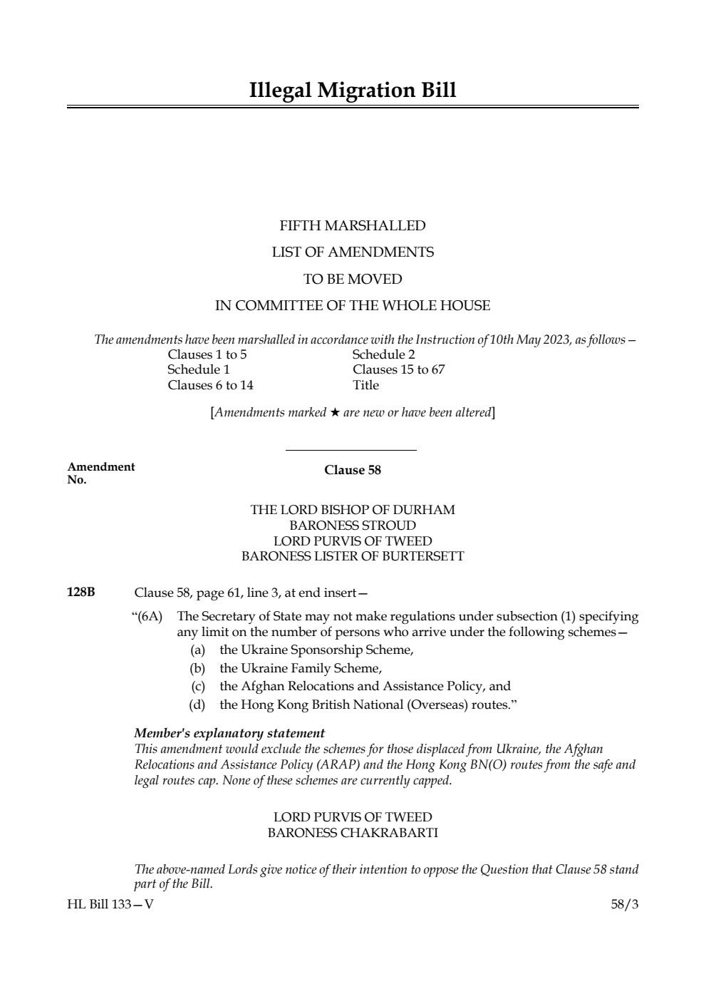 Illegal Migration Bill Fifth Marshalled List of Amendments to be moved in Committee of the Whole House