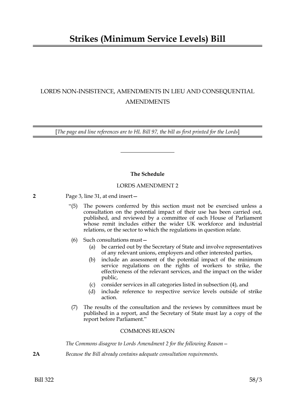 Strikes (Minimum Service Levels) Bill Lords non-insistence, amendments in lieu and consequential amendments