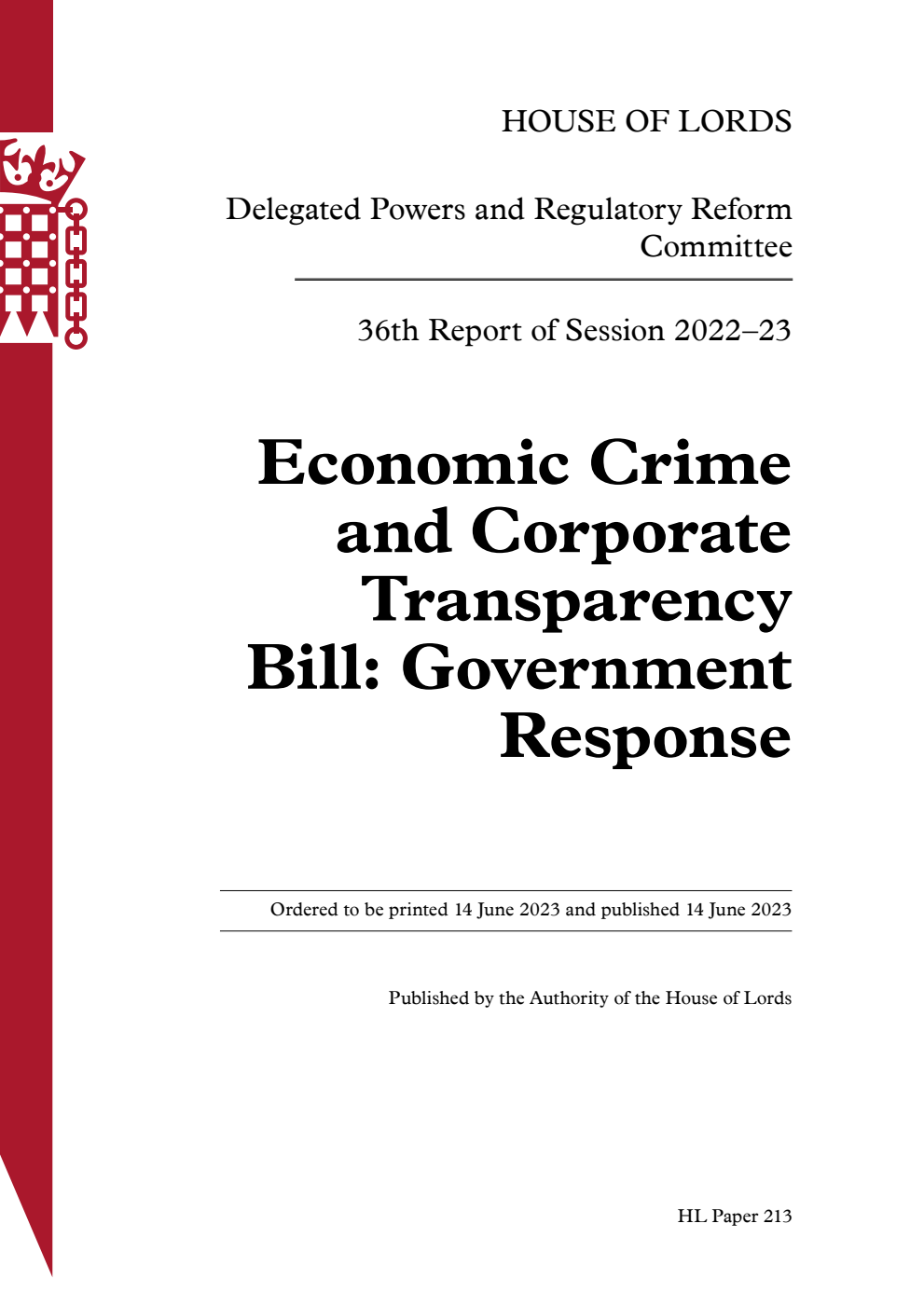 Delegated Powers and Regulatory Reform Committee 36th Report. Economic Crime and Corporate Transparency Bill: Government Response