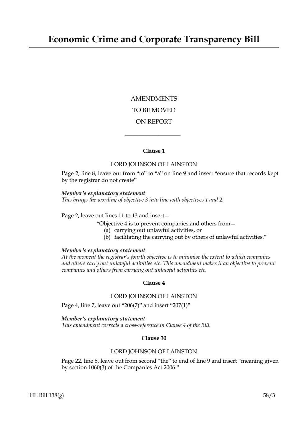 Economic Crime and Corporate Transparency Bill Amendments to be moved on Report