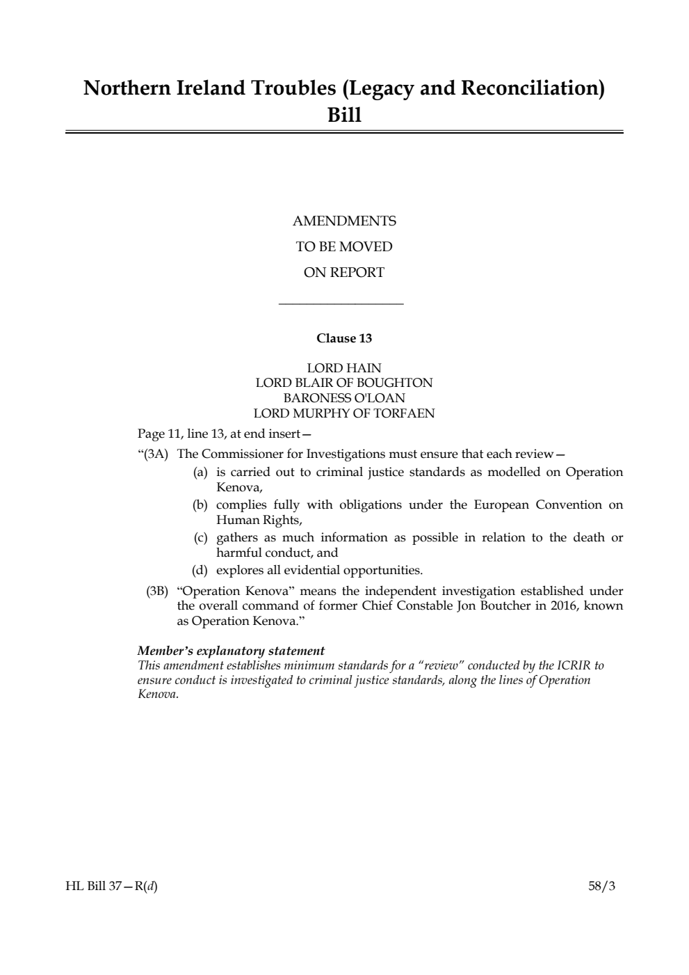 Northern Ireland Troubles (Legacy and Reconciliation) Bill Amendments to be moved on Report