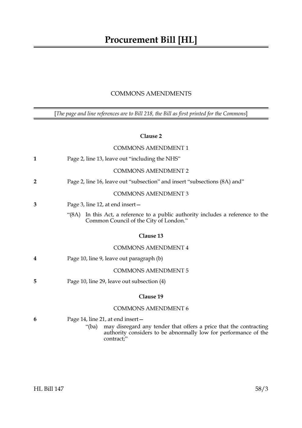 Procurement Bill Commons Amendments