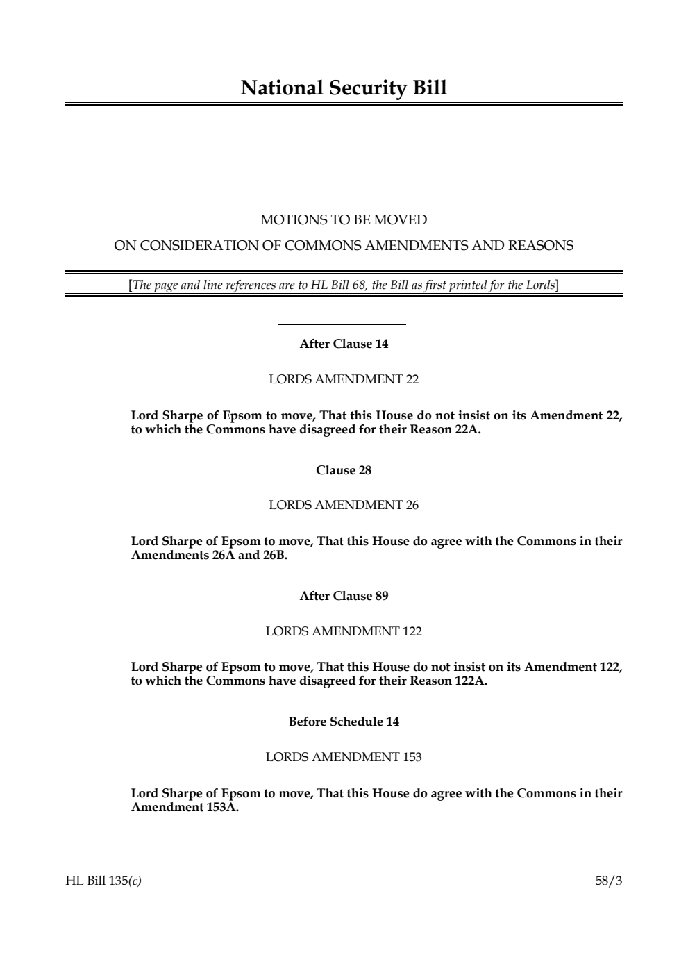 National Security Bill Motions to be moved on consideration of Commons amendments and reasons