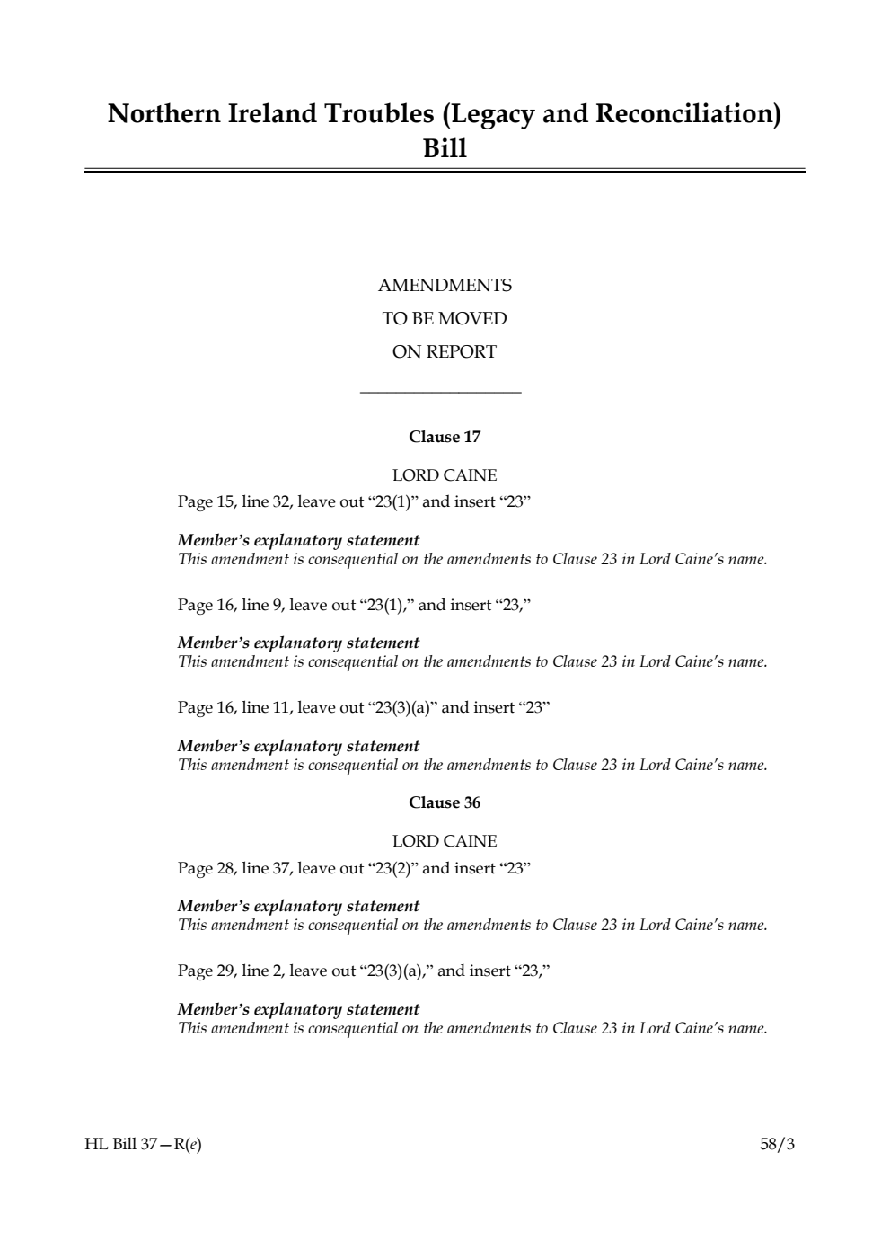 Northern Ireland Troubles (Legacy and Reconciliation) Bill Amendments to be moved on Report