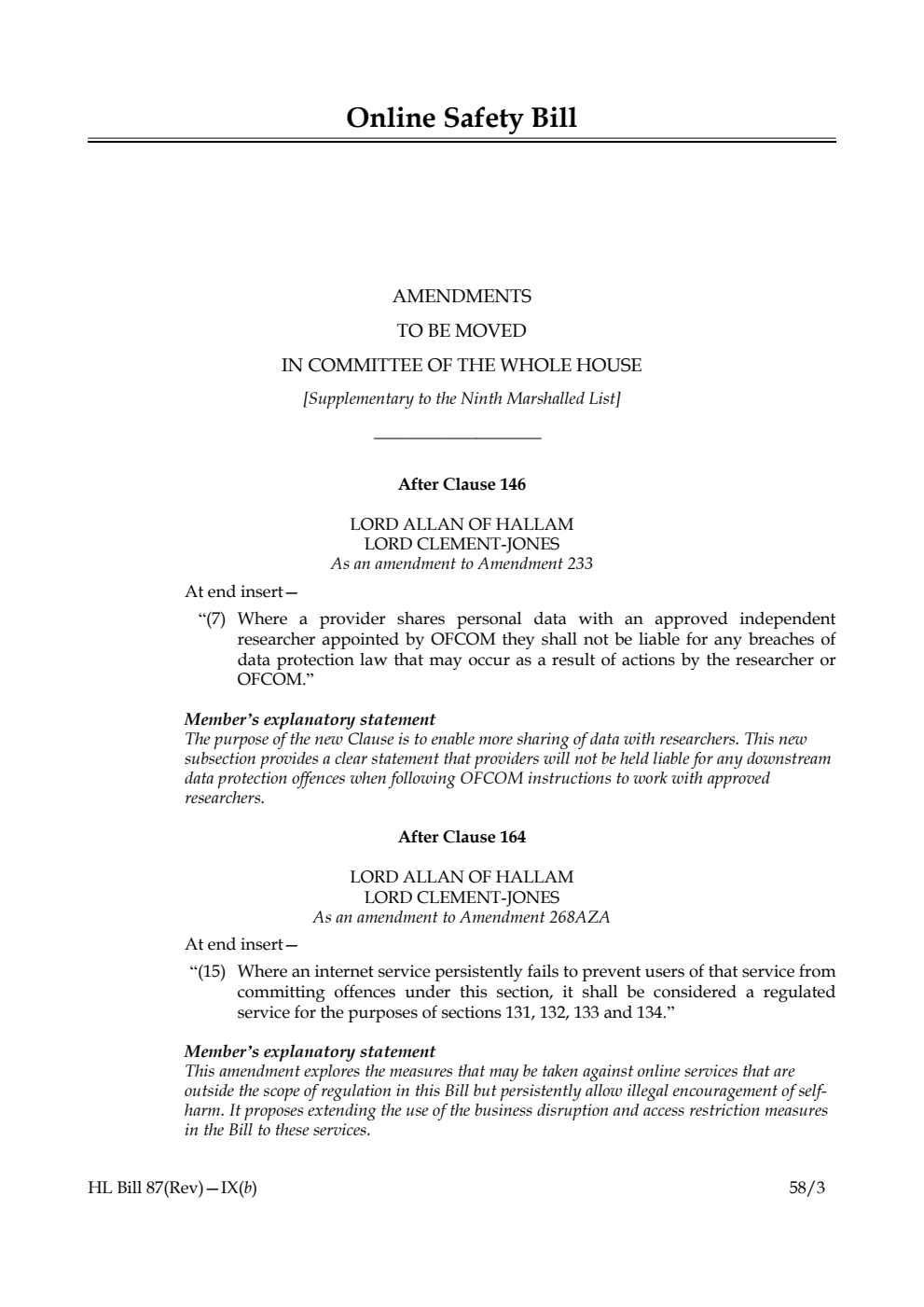 Online Safety Bill Amendments to be moved in Committee of the Whole House [Supplementary to the Ninth Marshalled List]