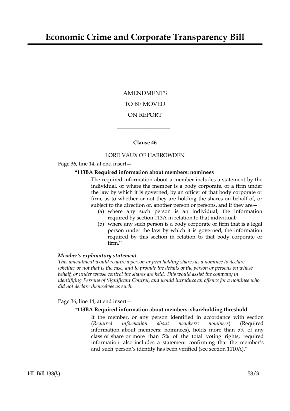 Economic Crime and Corporate Transparency Bill Amendments to be moved on Report