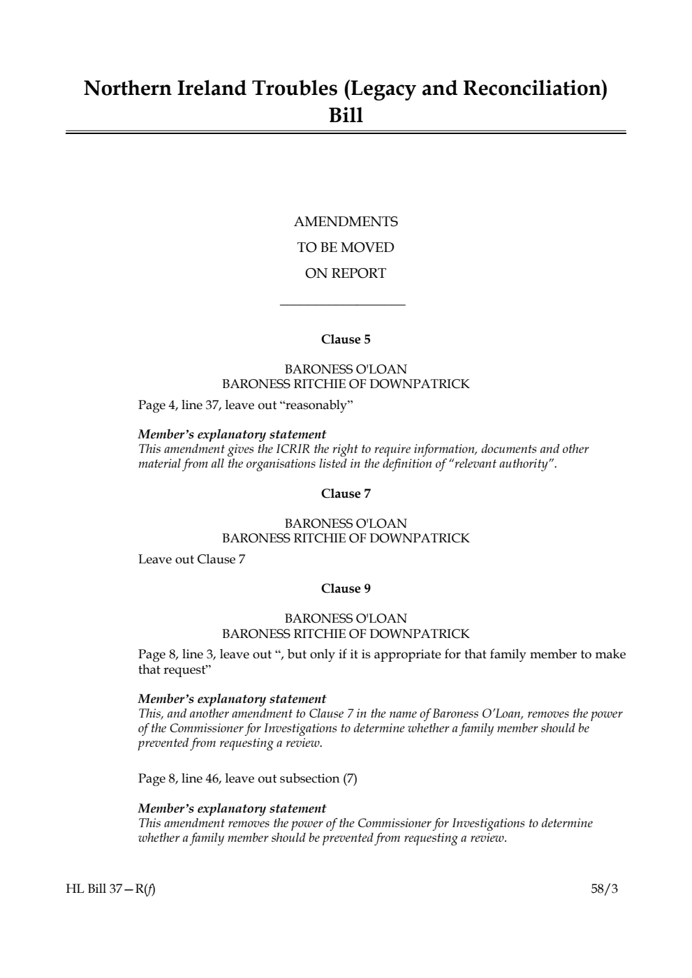 Northern Ireland Troubles (Legacy and Reconciliation) Bill Amendments to be moved on Report