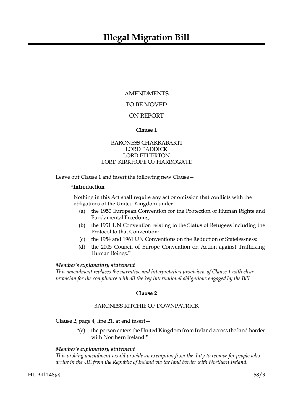 Illegal Migration Bill Amendments to be moved on Report