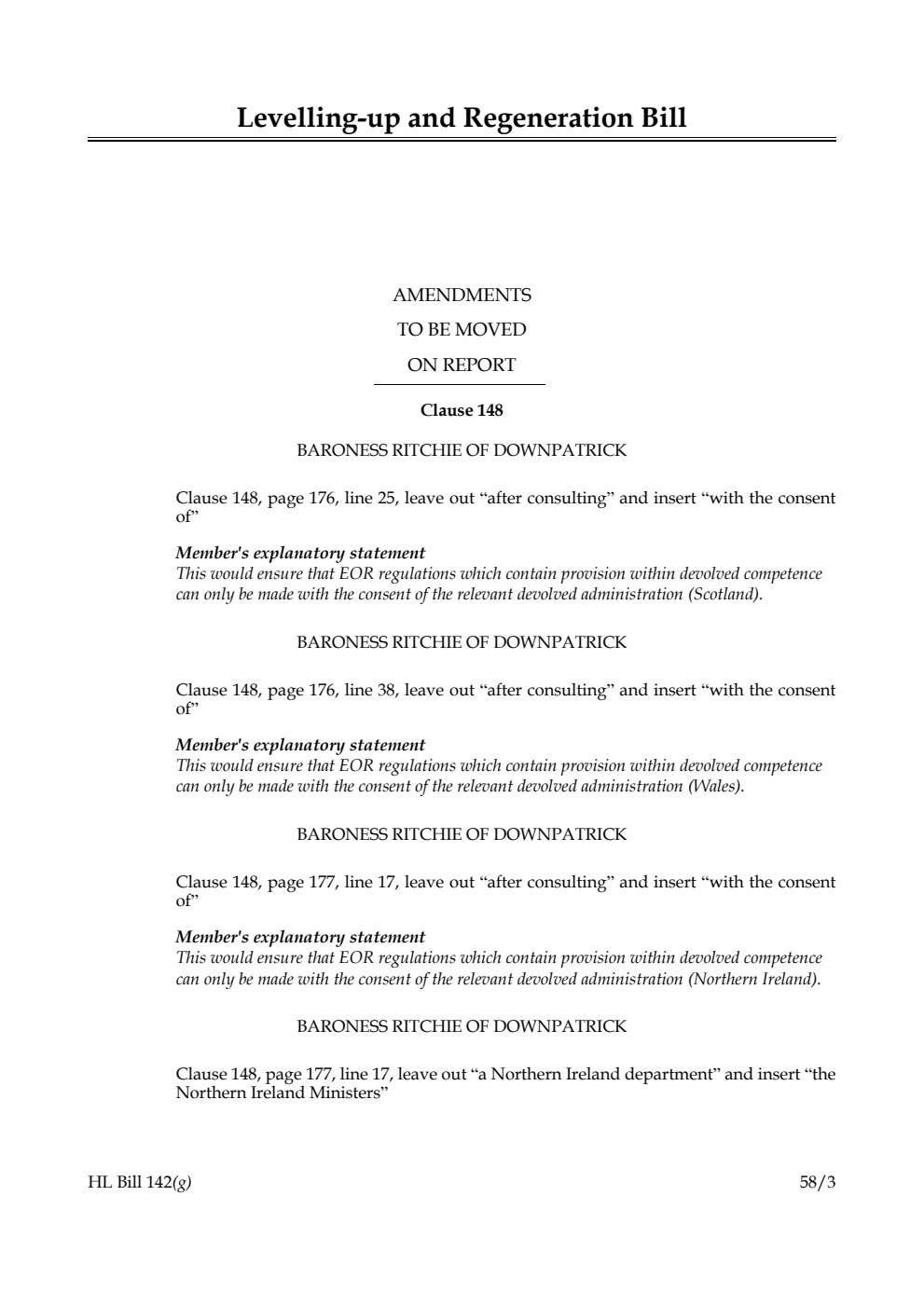 Levelling-up and Regeneration Bill Amendments to be moved on Report