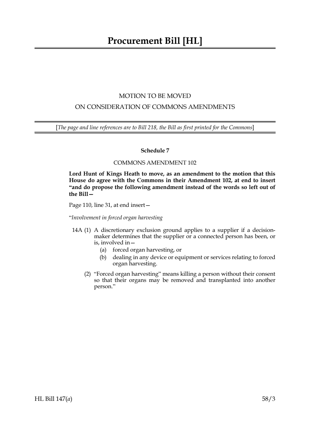 Procurement Bill Motion to be moved on Consideration of Commons amendments