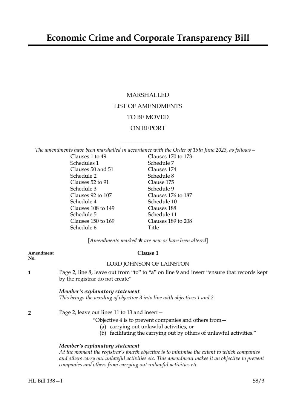 Economic Crime and Corporate Transparency Bill Marshalled List of Amendments to be moved on report