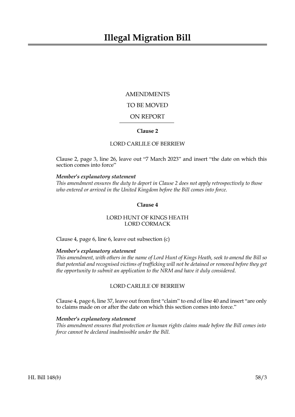 Illegal Migration Bill Amendments to be moved on Report