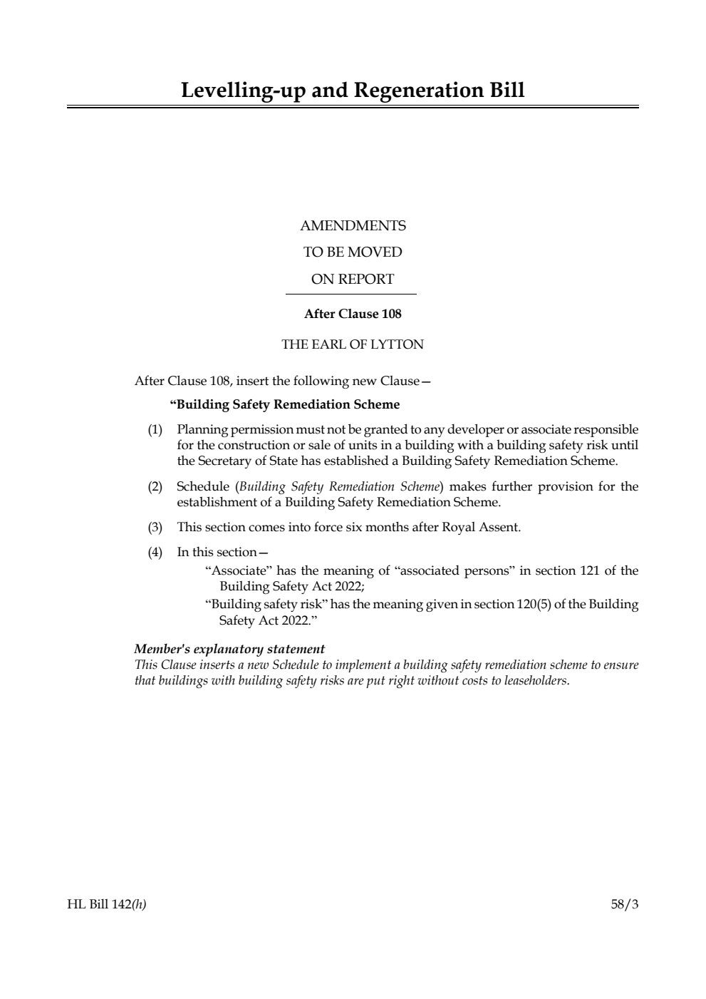 Levelling-up and Regeneration Bill Amendments to be moved on Report