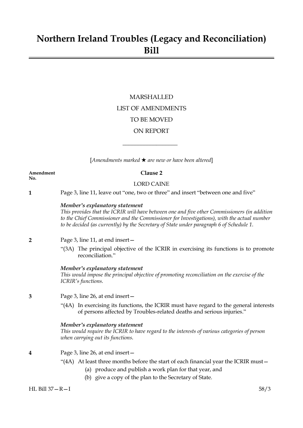 Northern Ireland Troubles (Legacy and Reconciliation) Bill Marshalled List of Amendments to be moved on report
