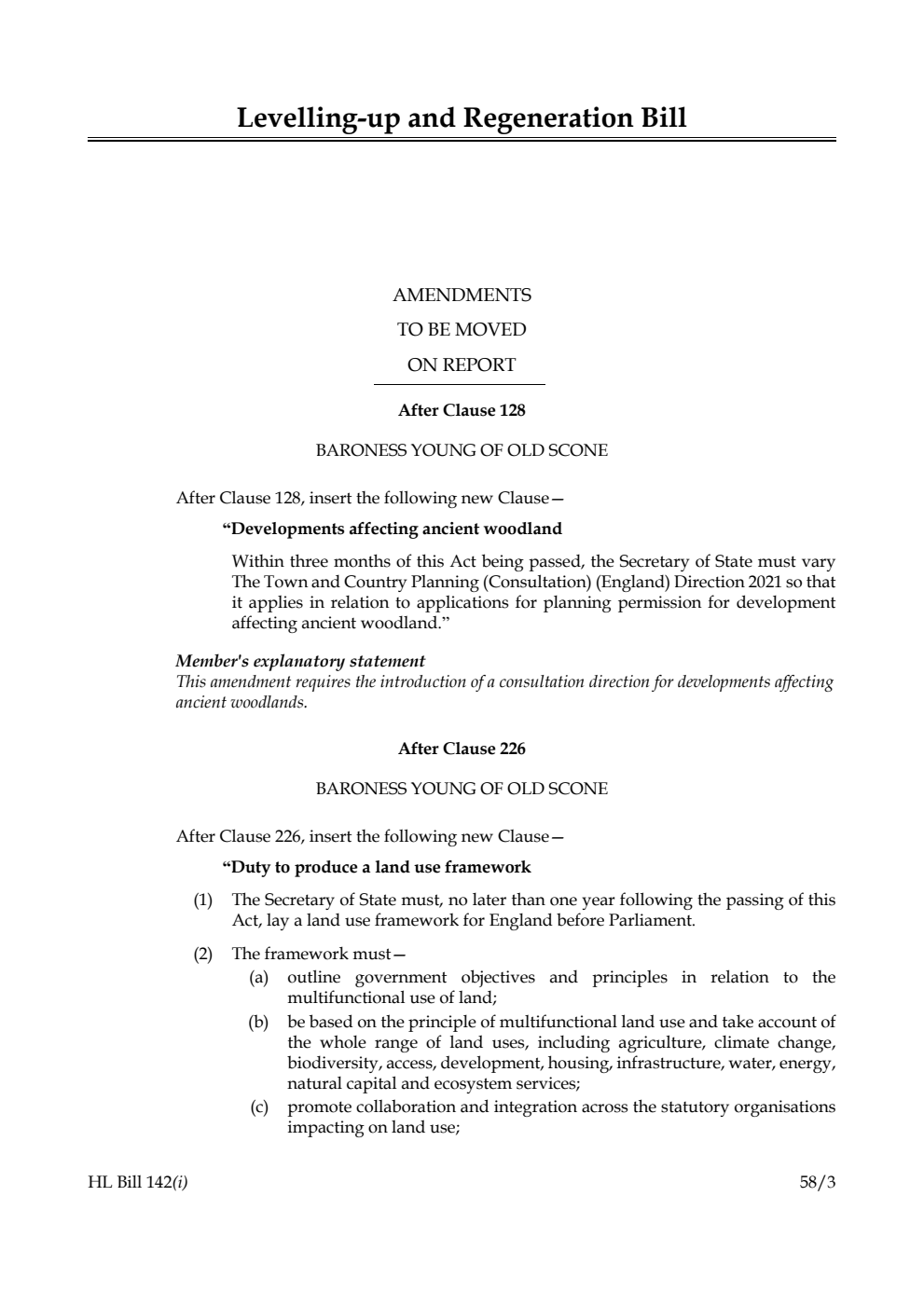 Levelling-up and Regeneration Bill Amendments to be moved on Report