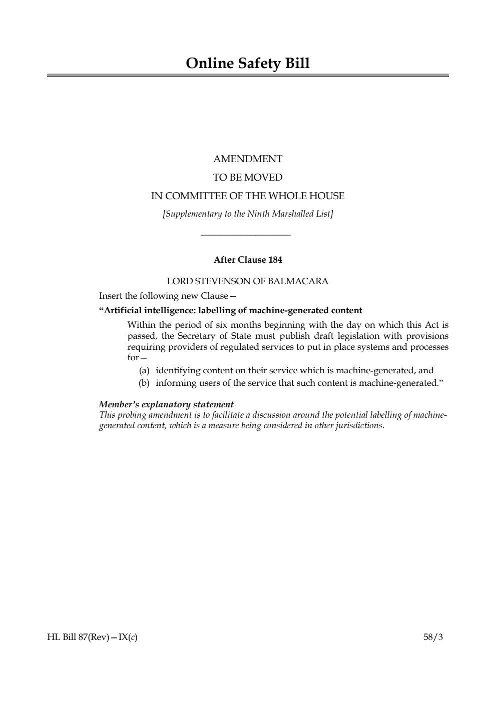 Online Safety Bill Amendment to be moved in Committee of the Whole House [Supplementary to the Ninth Marshalled List]