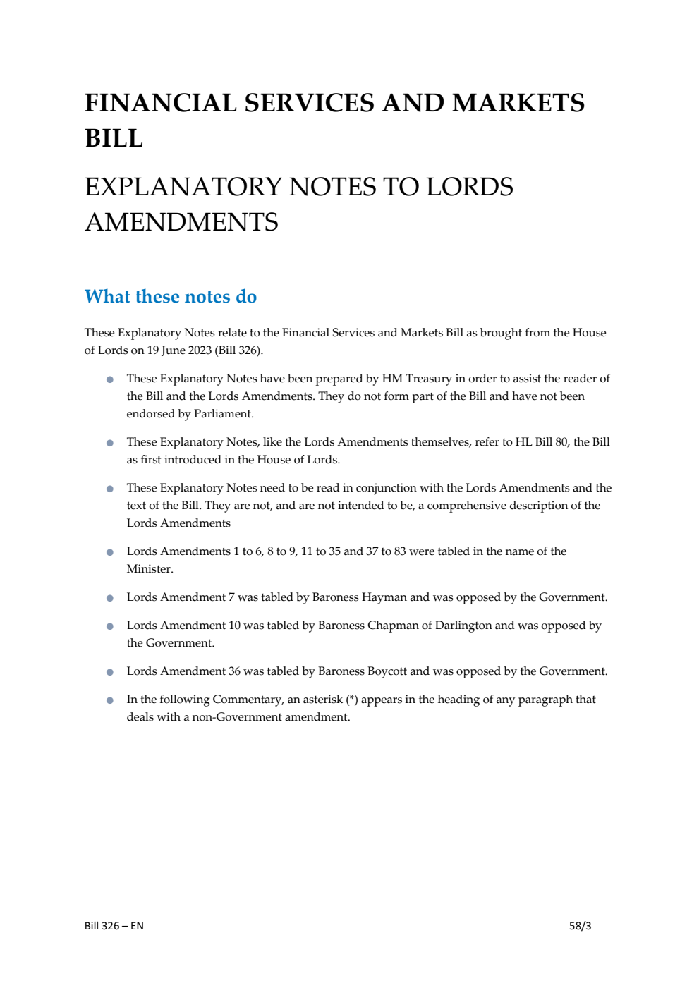 Financial Services and Markets Bill Explanatory Notes to Lords Amendments